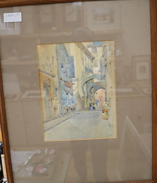 Sir Edward Guy Dawber (1861-1938), watercolour, Street in Monaco, initialled and dated 20, 28 x 21cm